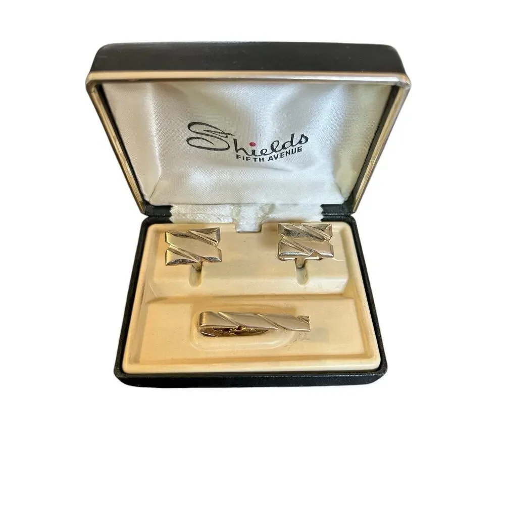 Vintage Shields Fifth Avenue Cuff-Links & Tie Bar Clip Set Gold Tone In Box